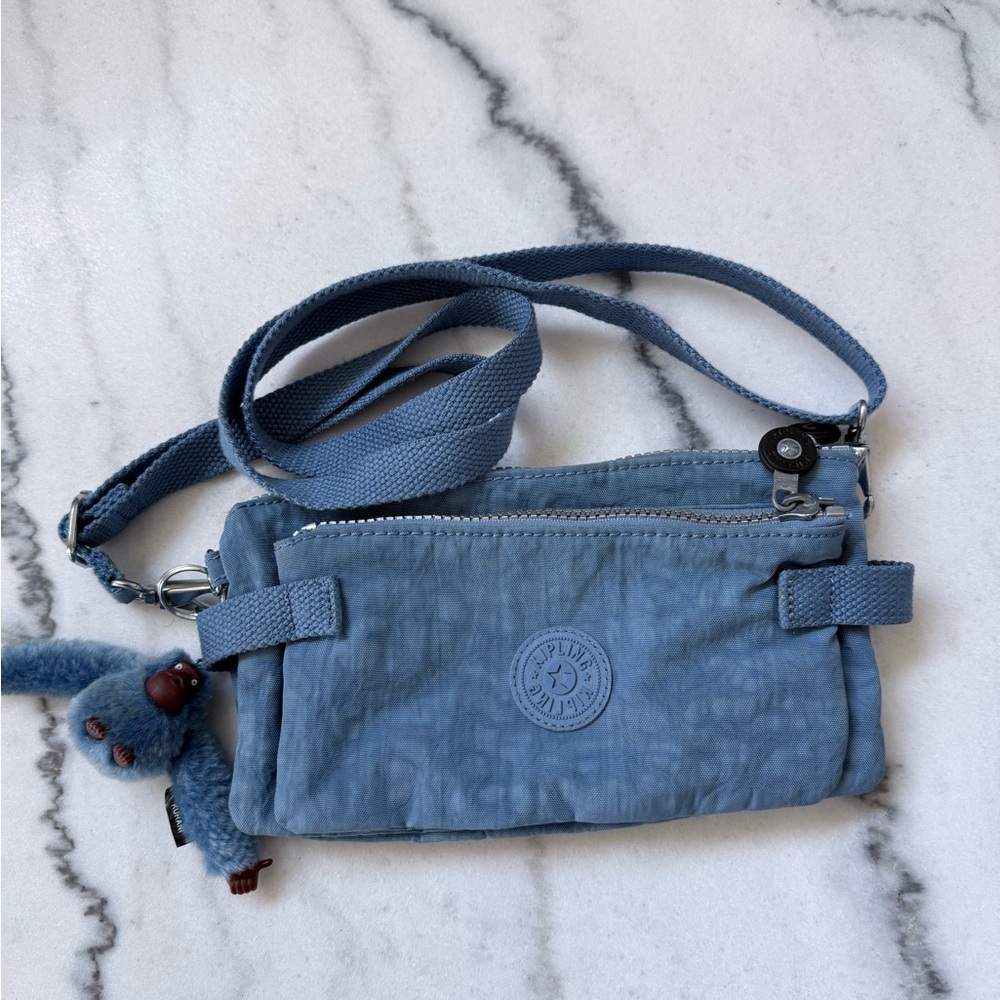 Kipling Dusty Blue Crossbody Bag with Monkey Charm